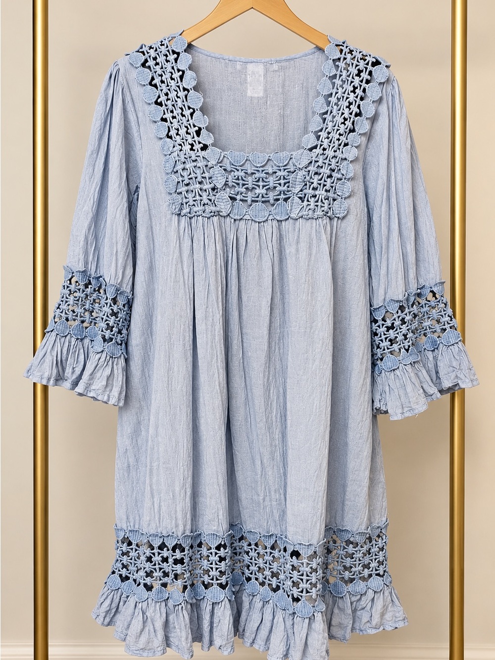 Cute Options - Light Blue Crochet-Trim Tunic Top - Boho Square Neck